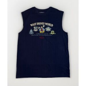 Vtg Walt Disney World Embroidered Sleeveless Muscle Shirt Navy Blue Mens Large